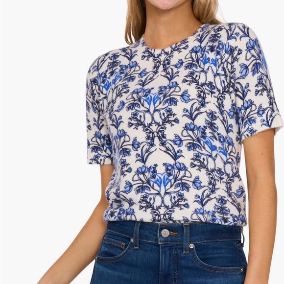 CeCe Tops - NWT CeCe Vanna  Short-Sleeve Sweater Top with Blue Floral Print